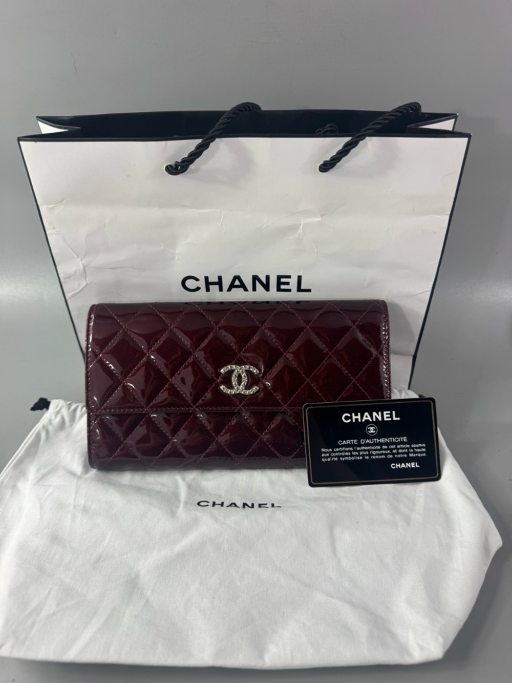 100% Authentic Chanel Dark Burgundy Quilted Patent Leather CC Brilliant Wallet